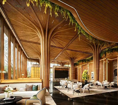 Natural wood grain meets metallic texture – the 50*100 wood-grain aluminum square tubes outline the transparent layout of the atrium.