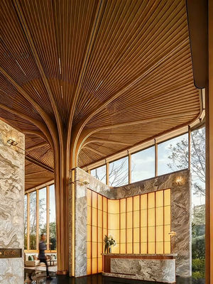 Natural wood grain meets metallic texture – the 50*100 wood-grain aluminum square tubes outline the transparent layout of the atrium.