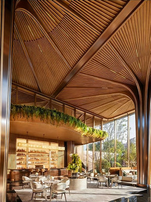 Natural wood grain meets metallic texture – the 50*100 wood-grain aluminum square tubes outline the transparent layout of the atrium.