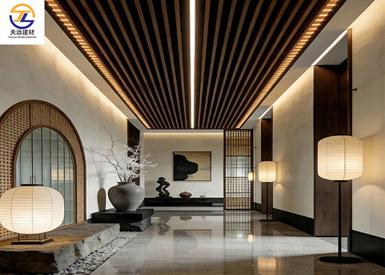 Premium Extruded Aluminum Square Tube Ceiling | Wood Grain Linear Baffle for Luxury New Chinese Style Corridors