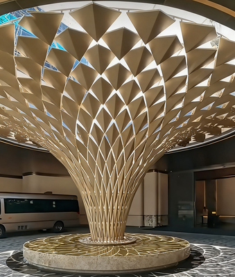 Shaped aluminum veneer column cladding for hotel atriums – perforated/carved options, fully customizable colors.