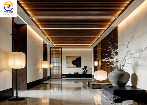 Premium Extruded Aluminum Square Tube Ceiling | Wood Grain Linear Baffle for Luxury New Chinese Style Corridors